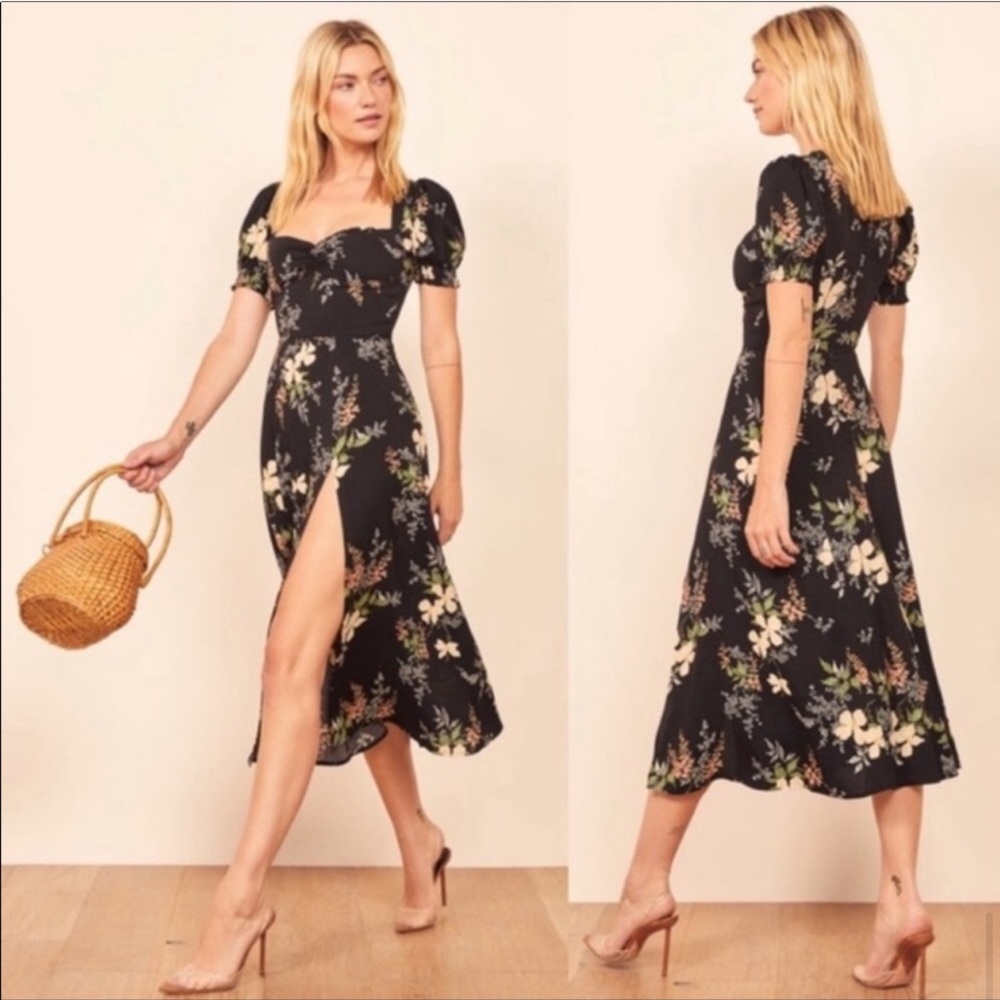 Reformation Black Floral Midi Dress